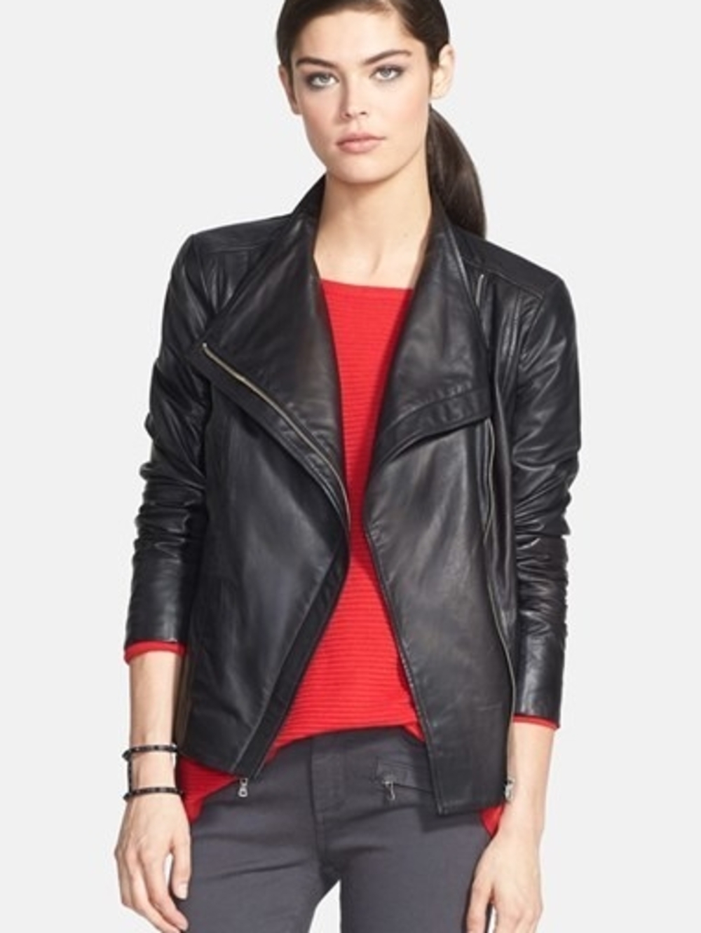 Trouve Black Leather Draped Moto Jacket